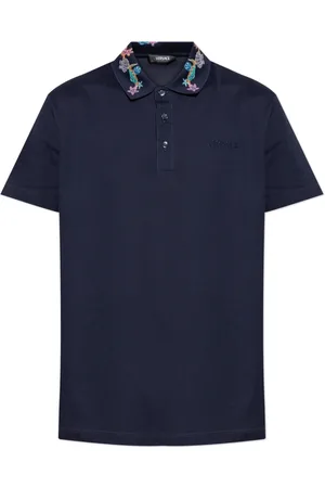 VERSACE Top, Herre, Blå, S, Bomuld, Polo med farverig broderi på kraven