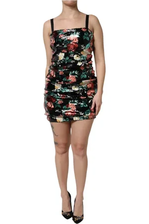 Dolce & Gabbana Kjole, Dame, Sort, XS, Sort Blomstret Paillet Ærmeløs Kjole