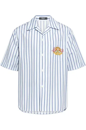 VERSACE Skjorte, Herre, Blå, XL, Bomuld, Stribet mønster skjorte