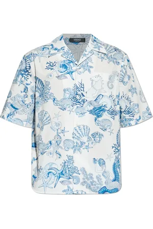 VERSACE Skjorte, Herre, Blå, XL, Bomuld, Skjorte med tryk Coral Theatre Allover