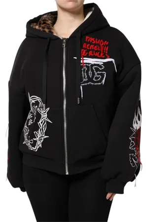 Dolce & Gabbana Sweathshirts & Hoodies, Dame, Sort, S, Bomuld, Sort Broderet Lynlås Hættetrøje