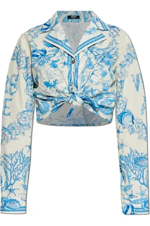 VERSACE Bluser & Skjorter, Dame, Blå, 3XS, Top med korals teater allover print