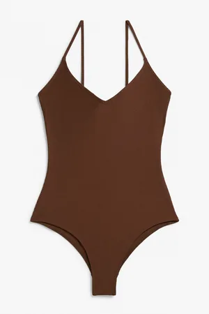 Monki Ribbed swimsuit with slim straps