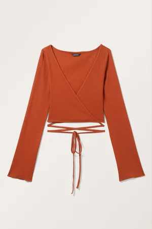 Monki Ribbed Long Sleeve Wrap Top