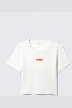 Monki Cropped Printed Cotton T-Shirt