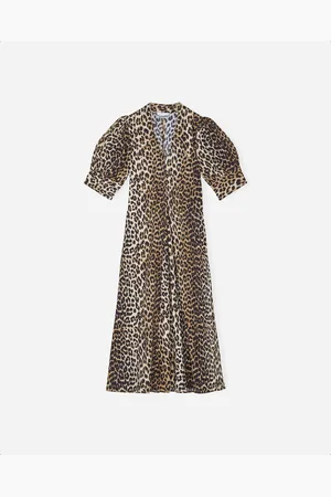 Ganni Printed Cotton Poplin V-neck Long Dress