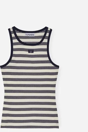 Ganni Striped Soft Cotton Rib Tank Top - Sky Captain