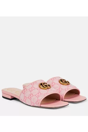Gucci Double G leather-trimmed canvas slides