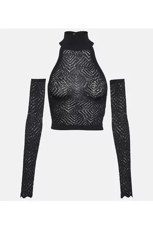 Alessandra Rich Halterneck lace crop top with gloves
