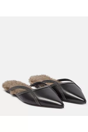 Brunello Cucinelli Kvinder Ballerina - Shearling-trimmed leather slippers