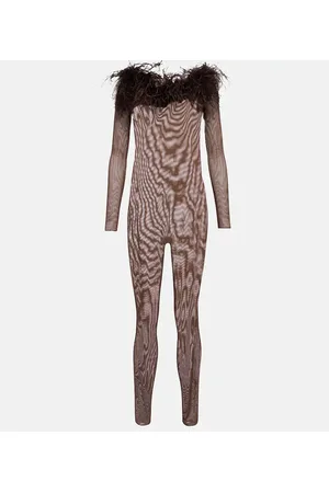 Oseree OsÃ©ree Feather-trimmed mesh jumpsuit