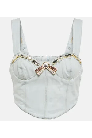 AREA Crystal-embellished denim crop top