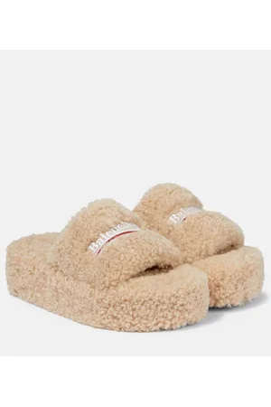 Balenciaga Logo faux shearling slides