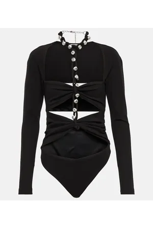 AREA Chain-link crystal-embellished jersey bodysuit