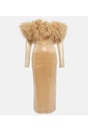 DAVID KOMA Feather-trimmed sequined midi dress