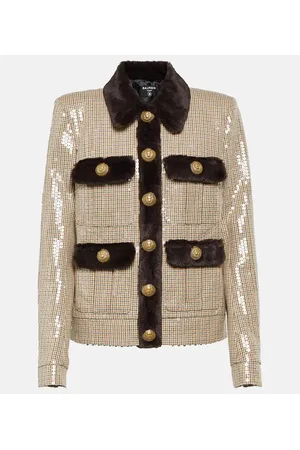 Balmain Sequined faux fur-trimmed jacket