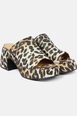Ganni Leopard-print satin platform mules
