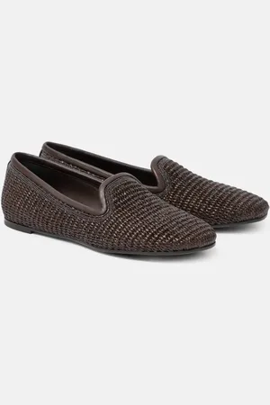 Brunello Cucinelli Leather-trimmed raffia slippers