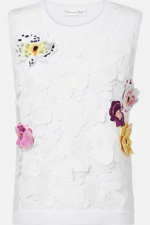 Oscar de la Renta Lace-trimmed floral-appliquÃ© cotton-blend top