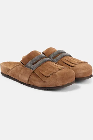 Brunello Cucinelli Fringed suede slippers