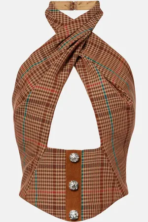 AREA Checked halterneck wool-blend top