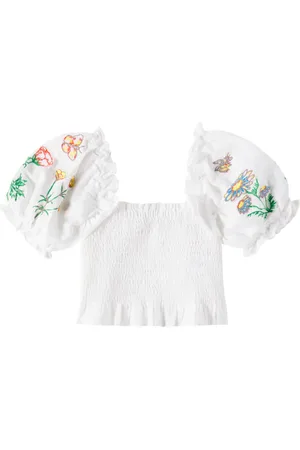 Stella McCartney Floral smocked linen and cotton top