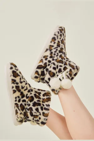 Accessorize Faux Fur Leopard Print Boot SlippersL