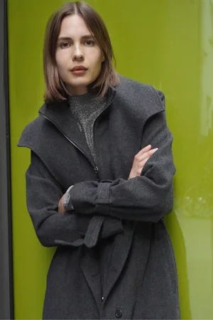 Religion Limit Wool Mix Belted Coat With Zip up Funnel Collar and Draped Second Layer44