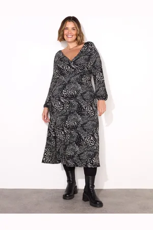 Live Unlimited London Abstract Pleated Wrap With Blouson Sleeves Dress56