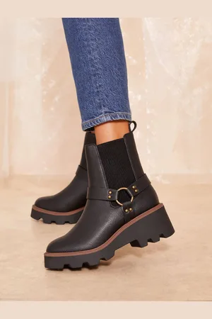 Friends Like These Wedge Heel Chunky Biker Faux Leather Ankle Boots