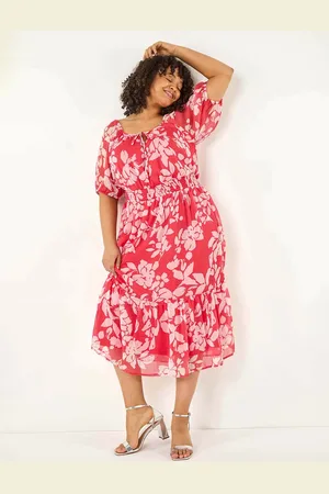Roman Curve Tropical Print Tie Neck Midi Dress50