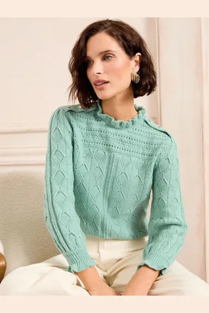 Love & Roses Puff Sleeve Frill Neck Pointelle knitted jumper50