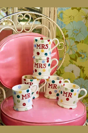 Emma Bridgewater Set of 2 Polka Dot Mr & Mrs 1/2 Pint Mugs BoxedEn