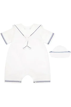 Emile et Rose 100% Cotton Linen Style Sailor White Romper With Collar, Emb & Hat7480cm
