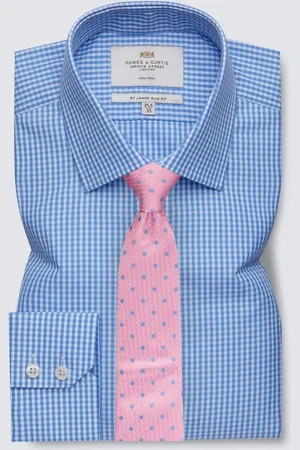 Hawes & Curtis Slim Blue Non-Iron Gingham Check 100% Cotton Shirt39cm R (UK 15.5 R)