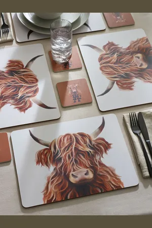 Next Set of 4 Hamish the Highland Cow Corkback Placemats and CoastersEn