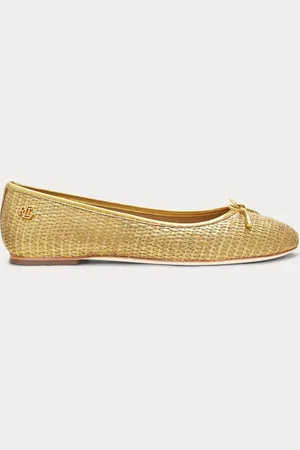 Ralph Lauren Gold Jayna Leather Trim Metallic Straw Flat Ballet Pumps
