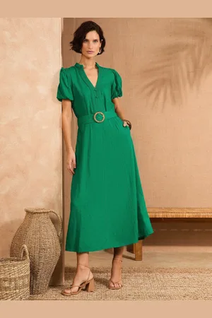 Love & Roses V-Neck Belted Puff Sleeve Midi Dress36