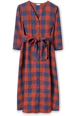 CELTIC & CO. Red Chk Tie Front Midi Shirt 100% Linen Dress42