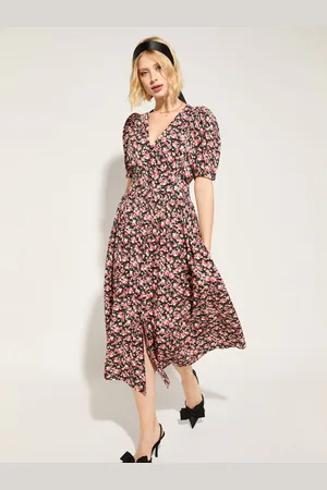 Baukjen Holly V-Neck Waisted Midi Black Rose Floral Print Dress44