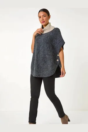Roman Contrast Roll Neck Button Knit Ponchomedium