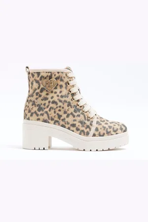 River Island Girls Leopard Canvas Heeled Boots