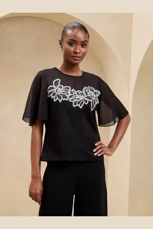 Lipsy London Flutter Sleeve 100% Cotton Blouse With Floral Applique Trim42