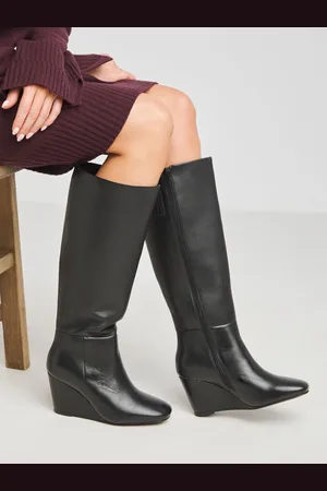 Simply Be Wedges Leather Slouch Knee High Boots in Wide Fit