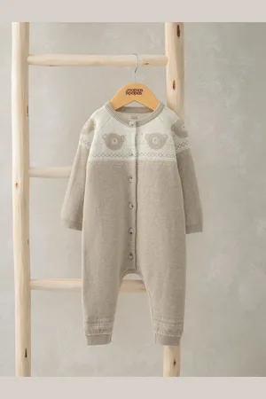 Mamas & Papas Teddy Bear Knitted 100% Cotton Brown Romper50cm
