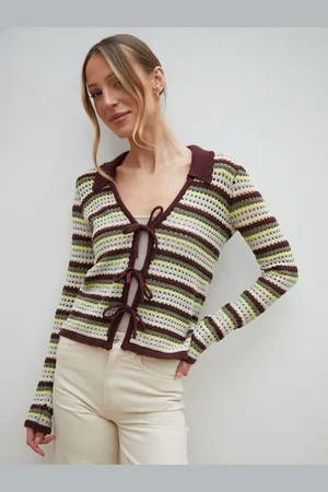 Threadbare Stripe Collared Tie Front Crochet Knit Cardigan42