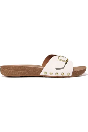 FitFlop IQushion Adjustable Buckle Leather White Slides