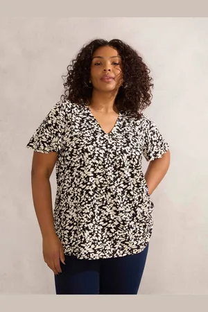 Live Unlimited London Mono Print Pleat Front Nehru Collar Top56