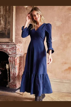 ASPIGA Blue Victoria V-Neck Corduroy DressS