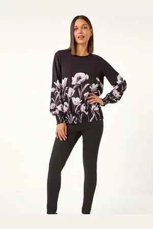 Roman Floral Print Shirred Hem Top48